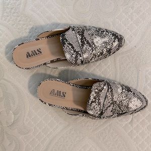 New Snake Print Mules, Size 8